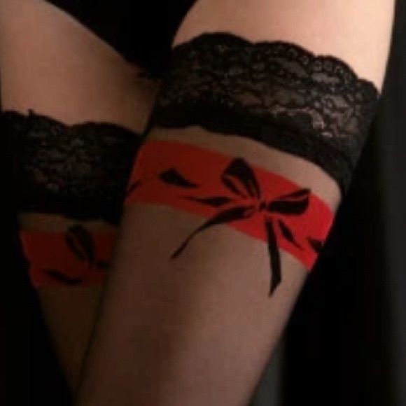 pinup sheer black lace top red bow stockings thigh high sexy pantyhose lingerie